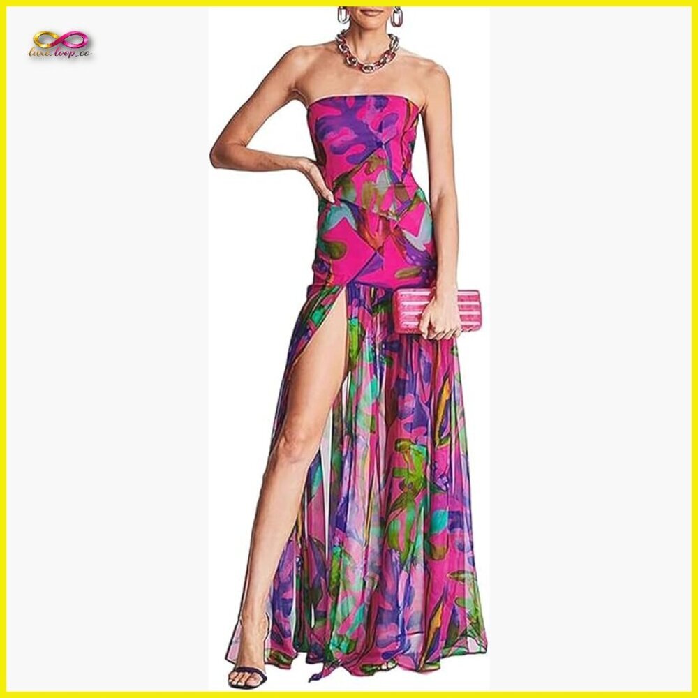Floral Print Strapless Maxi Dress Mesh Patchwork High Slit Party Clubwear